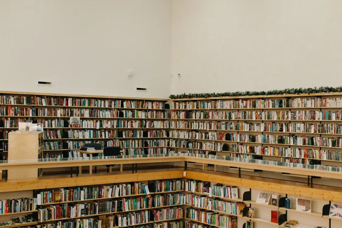Wooden bookshelves filled with books — illustrative concept